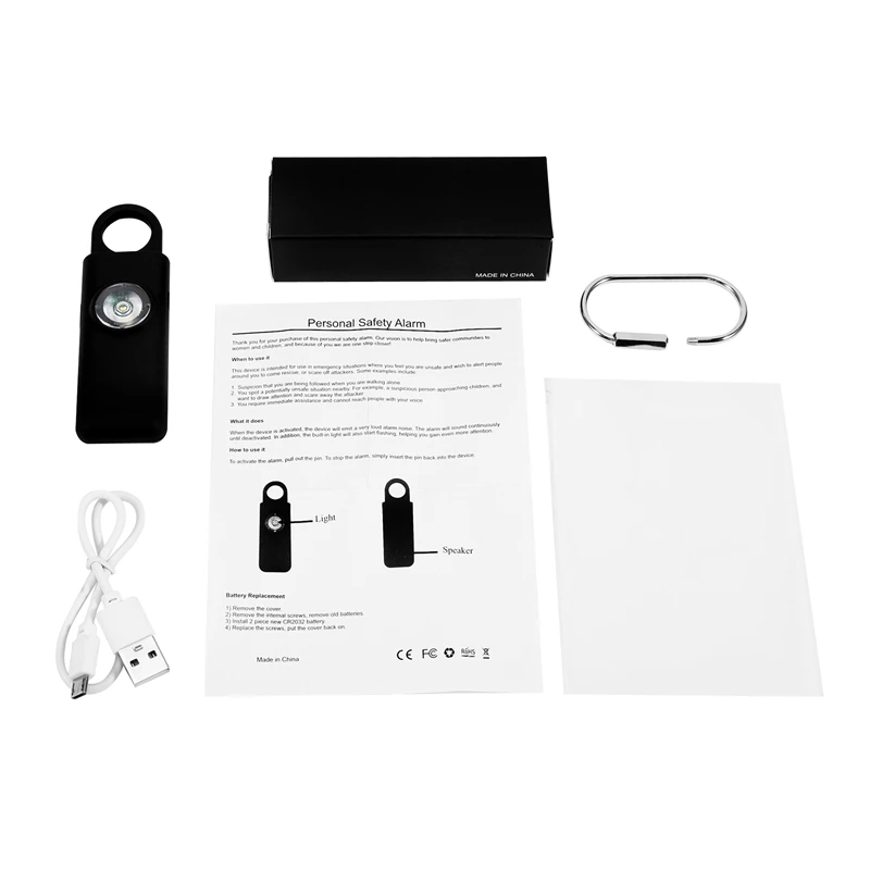 patent SOS 130db keychain security  personal alarm for lady self defense  with flashlight rechargeable