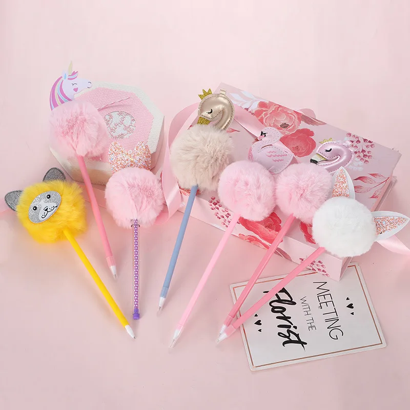 Funny Lolly Pops Fluffy Colorful Pompom Pen Writing Pen For Kids Girls