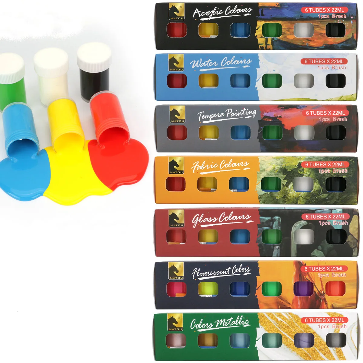 Matou 6 Tubes 22ml Acrylic Paint Set With 1Brush DIY Graffiti Paint Non-Toxic Professional Artist Supply