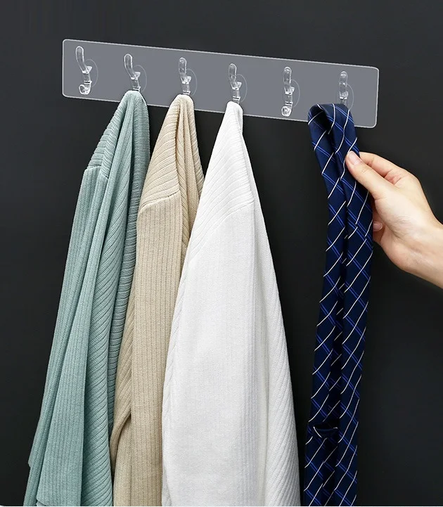 Non Perforated Multi Row Clothes Hook Transparent Adhesive 6 Row Multifunction Hooks Hat Clothes Towel Hanger Holder