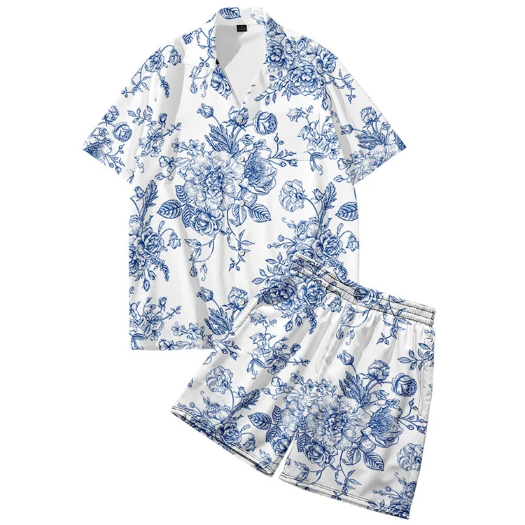 Custom all over print floral shorts outfits two piece set casual sublimation shirts and shorts twin sets for men