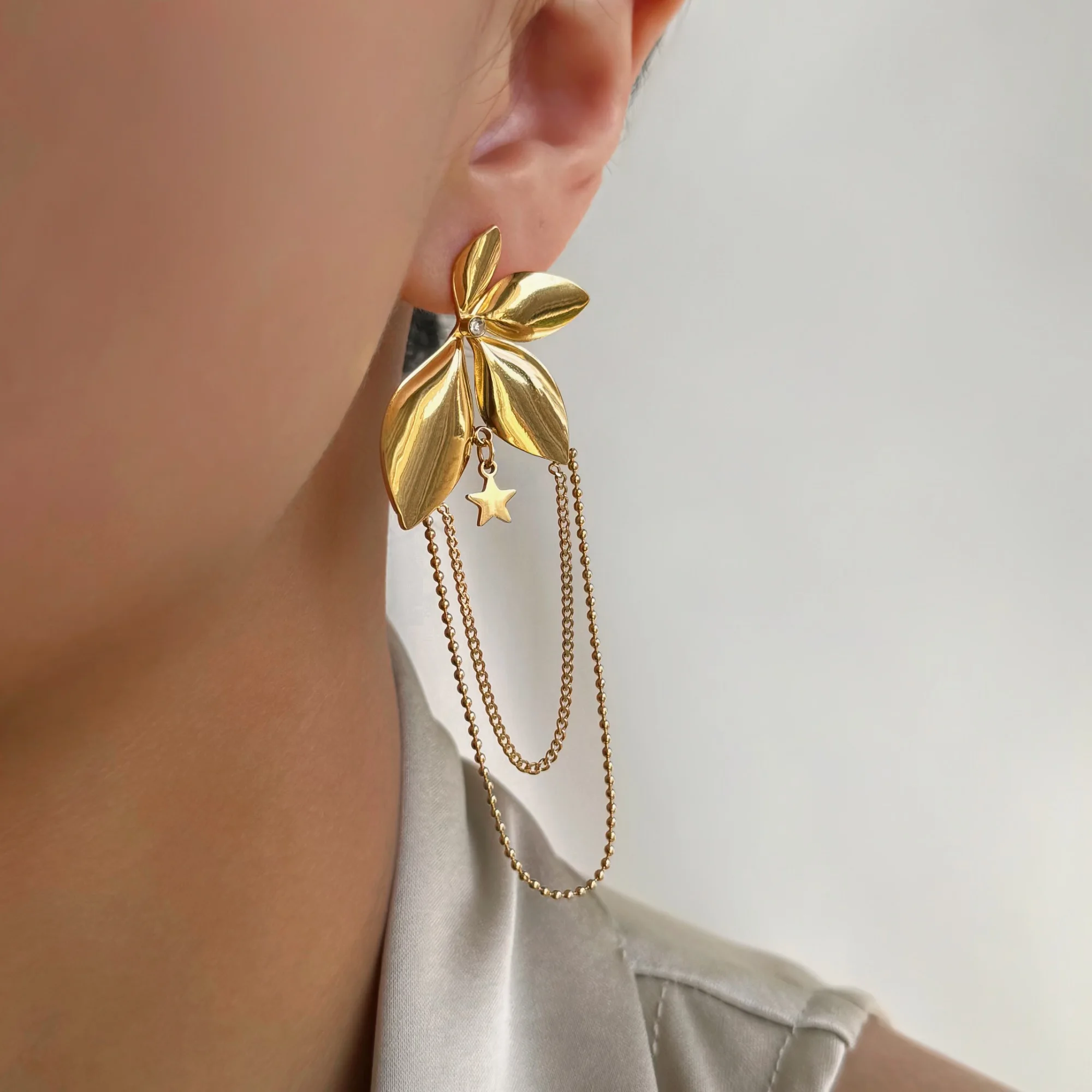 2024 Dazan New Autumn HOT 18k Gold Plated Hypoallergenic Stainless Steel Vintage Bohemia Chain Design Leaf Zircon Earrings