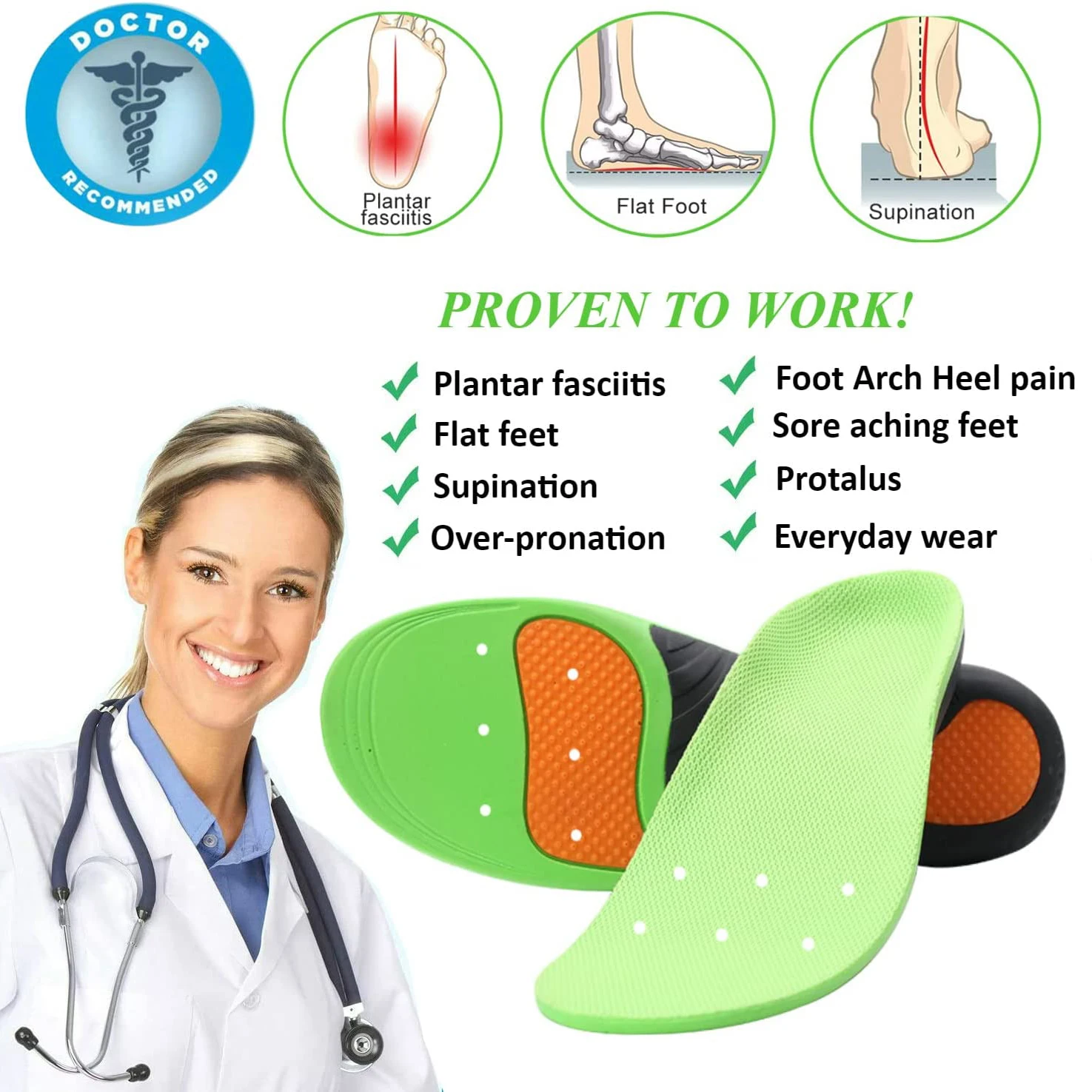 Plantar Fasciitis Arch Support Shoe Inserts Insoles Orthotic Inserts for Flat Feet, Cushioning Shoe Insoles for Foot Pain