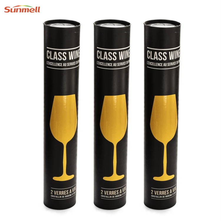 Custom Color Printing Drinkware Roll Edge Wine Glasses Packaging Round Paper Gift Tube With Lid  Silver Foil Glass Pattern