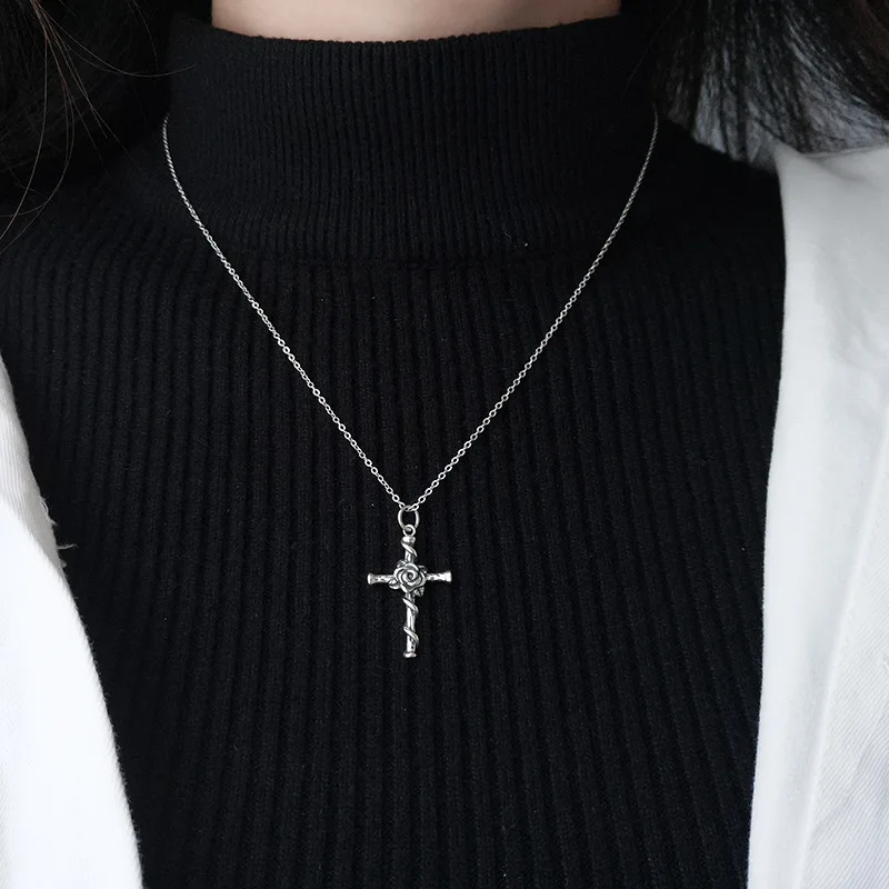 
Vintage Fashion Chain Jewelry 925 Silver Sterling Jesus Cross Rose Flower Pendant Necklace 