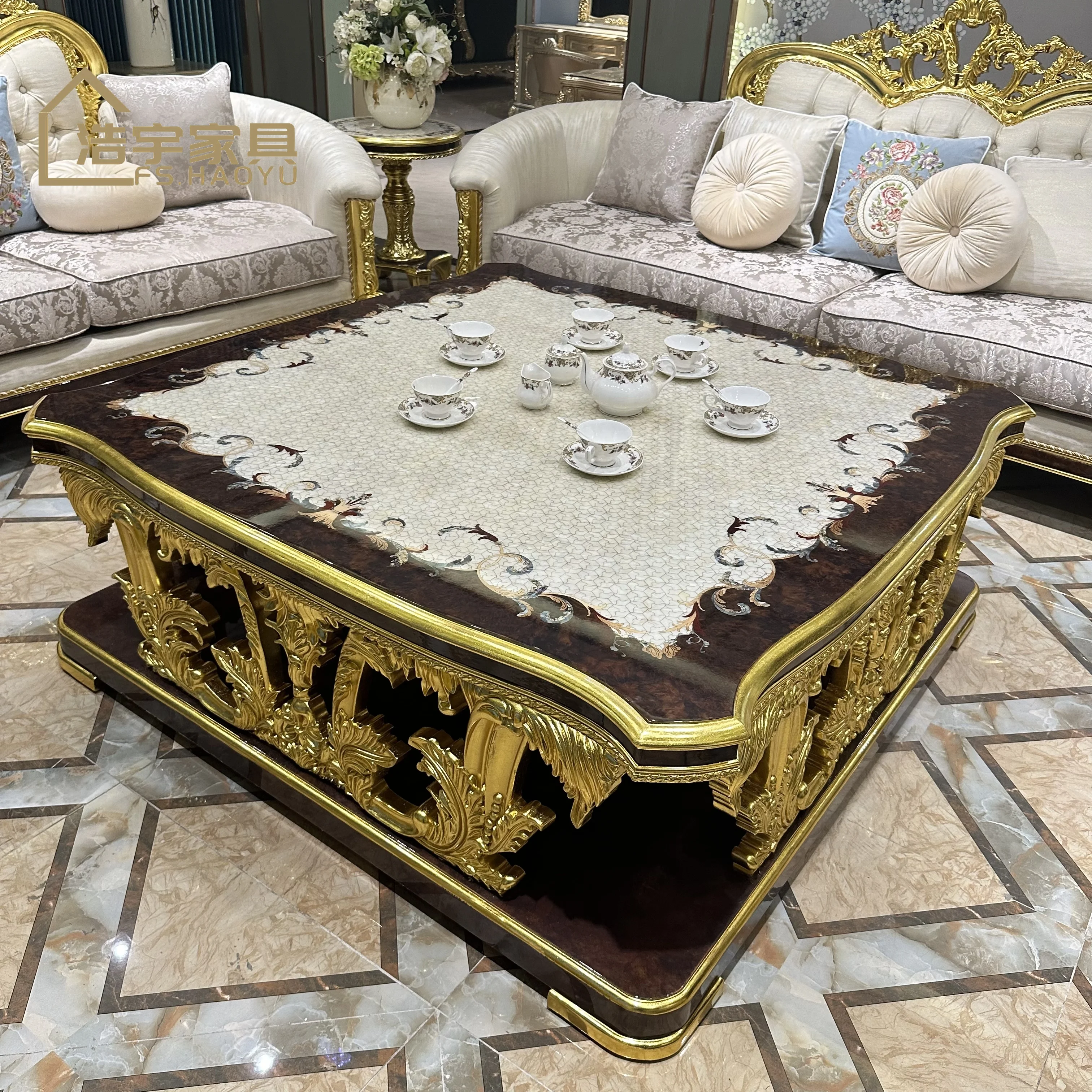 Custom pattern top center table royal luxury classic hand carving solid wood gold oak square coffee table sets living room