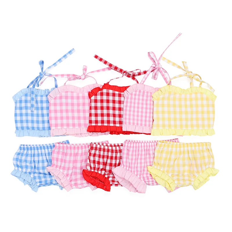 wholesales children girls baby clothes woven plaid 2pc swimsuit girls cotton swimwear