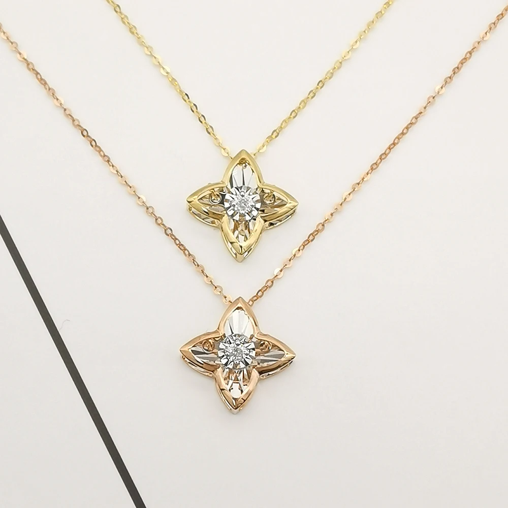Diamond Necklace Women Jewelry Shaped Girl Necklace 18K Gold Jewelry Fashion 18k Solid 4 Leaf Flower Pendant Necklaces 2 Pcs
