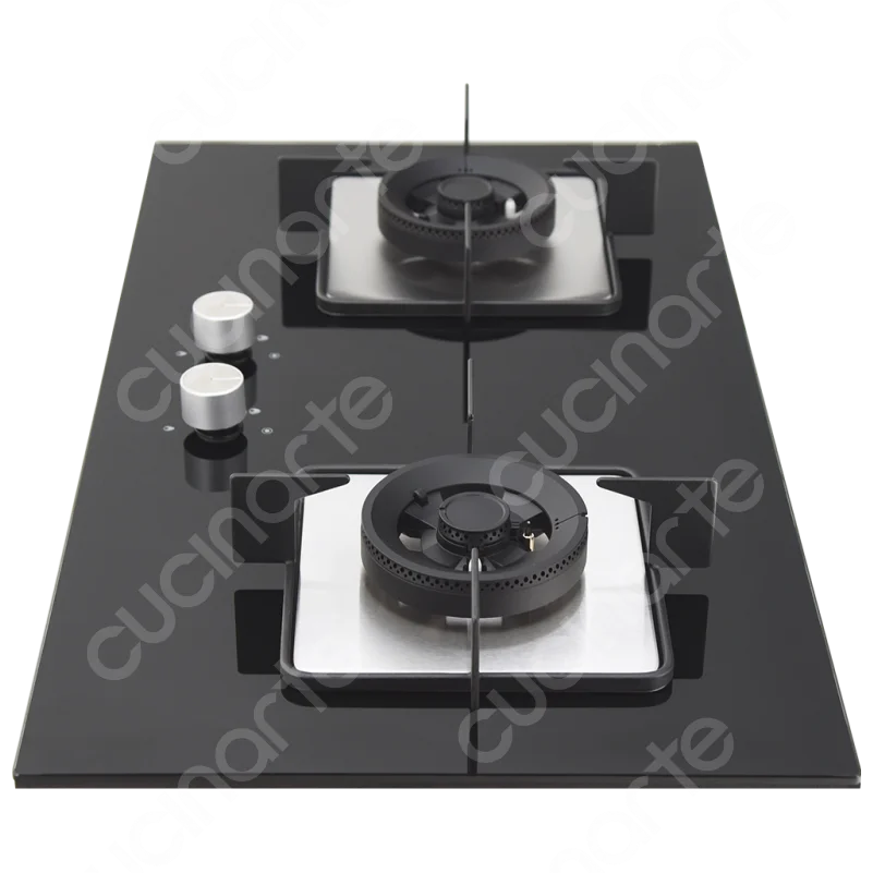 Cucinarte GF275K802 Two Triple Ring 4.8 KW Battery Auto Ignition Tempered Glass Built-in Gas Hob Cooktop 2 Burners LPG