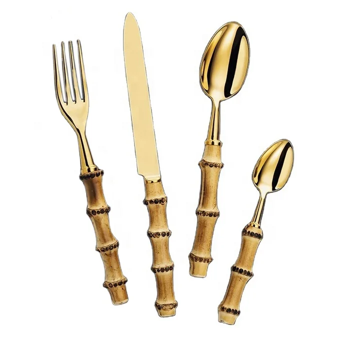 20pcs mirror shiny golden forged flatware bamboo handle design cutlery set for rental wedding silverware