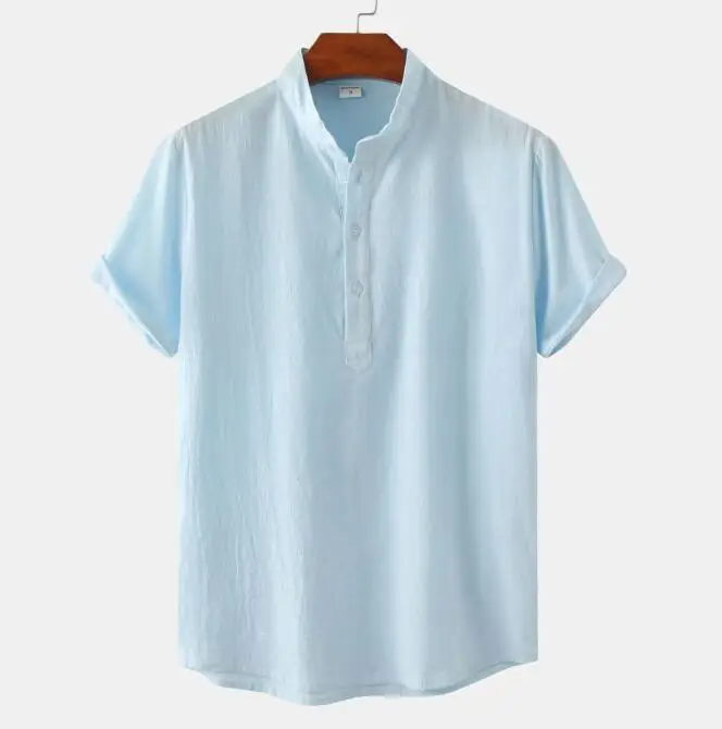 Linen Cotton Shirt For Men Short Sleeve Button Down Beach Summer Shirt Casual Blouse Solid Color Loose Tops