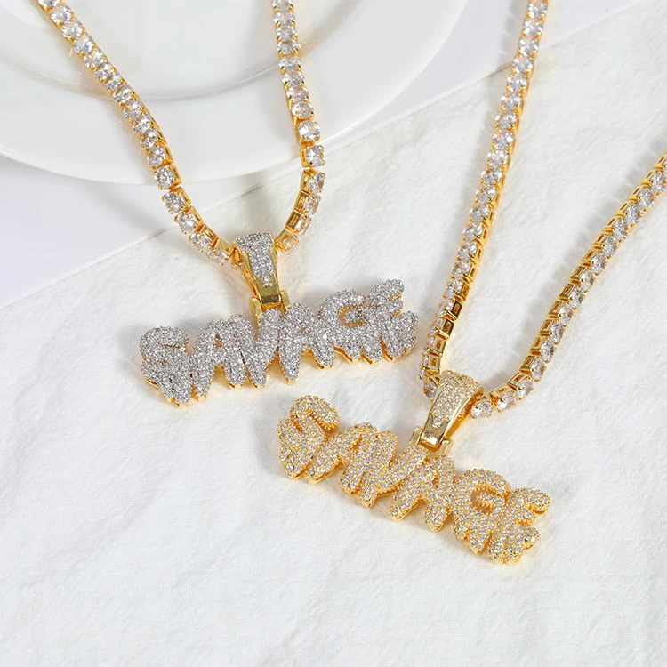 
Amazon Hot Sale Gold Plated Letter Pendant With Stone For Men Hip Hop SAVAGE Letter Pendant Copper Micro 