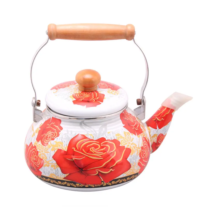 Chinese 1.5L/2L/2.5L Enamel Metal Tea Pot with Luxury Modern Design Wooden Handle Home Camping Use Iron Tea Kettle