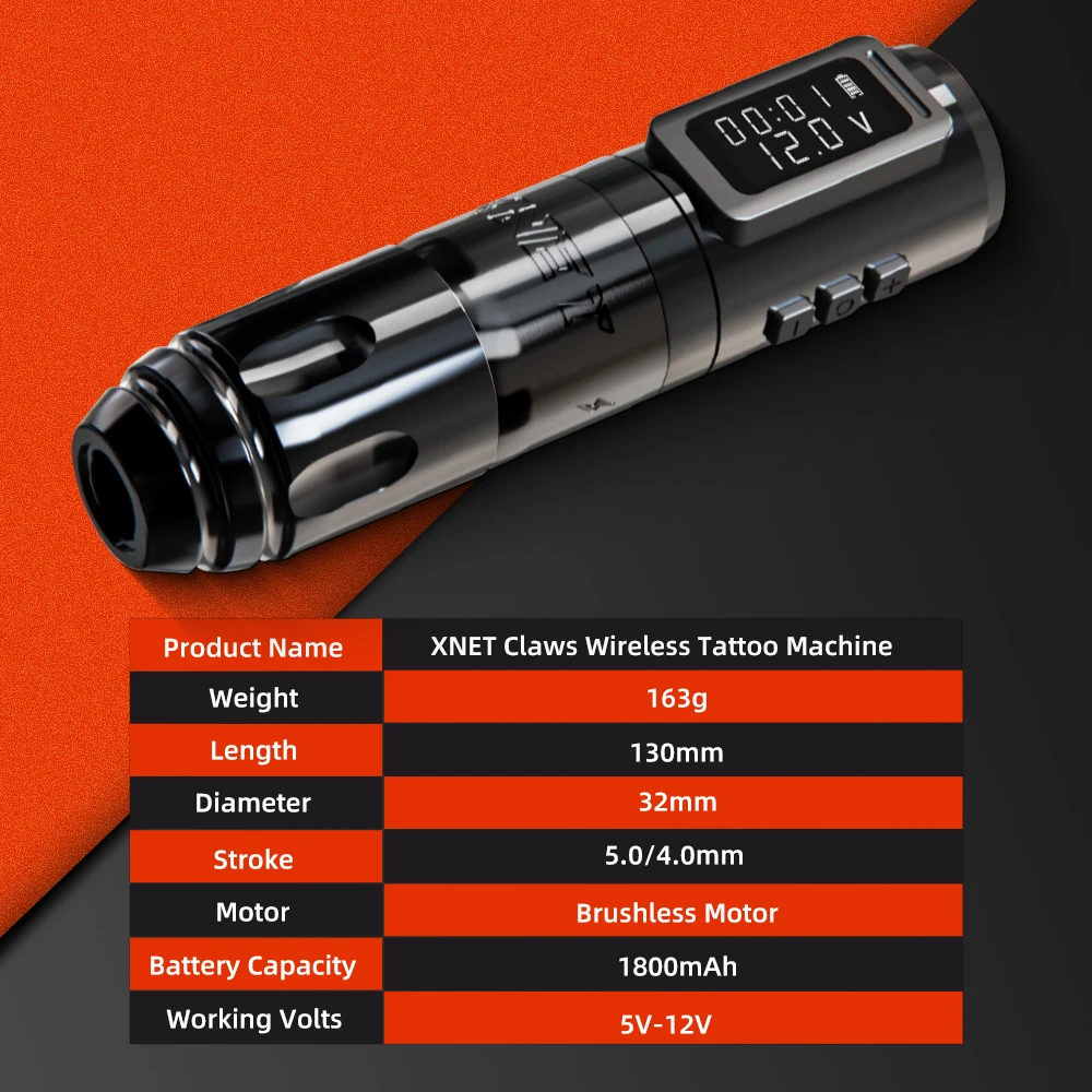XNET Claws 1800mAh Professional Tattoo Gun Brushless Motor 4.0mm/5.0mm Stroke Wireless Tattoo Pen Machine for Artists Body Art