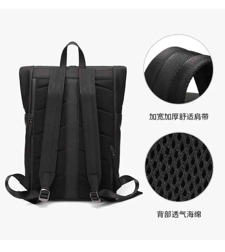 High Quality Factory Custom Logo Unisex Shoulder Leather Waterproof Simple Design USB Business Travel Laptop  Roll Top Backpack