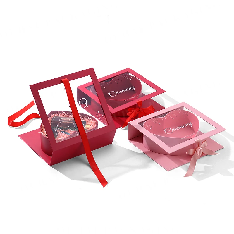 Custom Special Cardboard Packaging Boxes Clear Display Lid Flower Present Wrap Red Heart Shaped Gift Box with Transparent Window