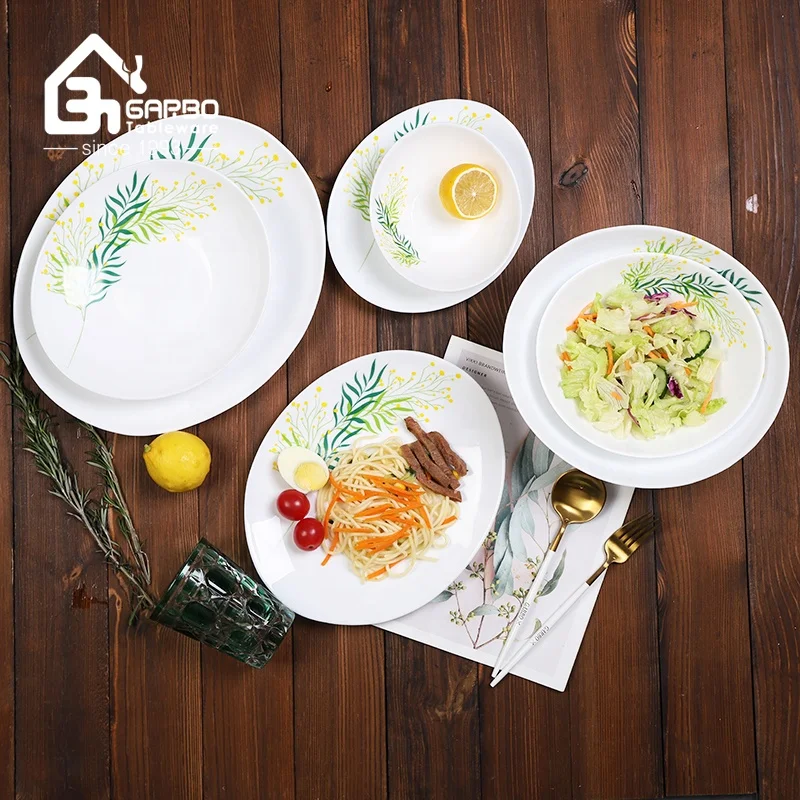 Manufacturer opal glass dinnerware set with decal and heat resistant luxury dinner set with 9inch opal glass  plate and bowl set