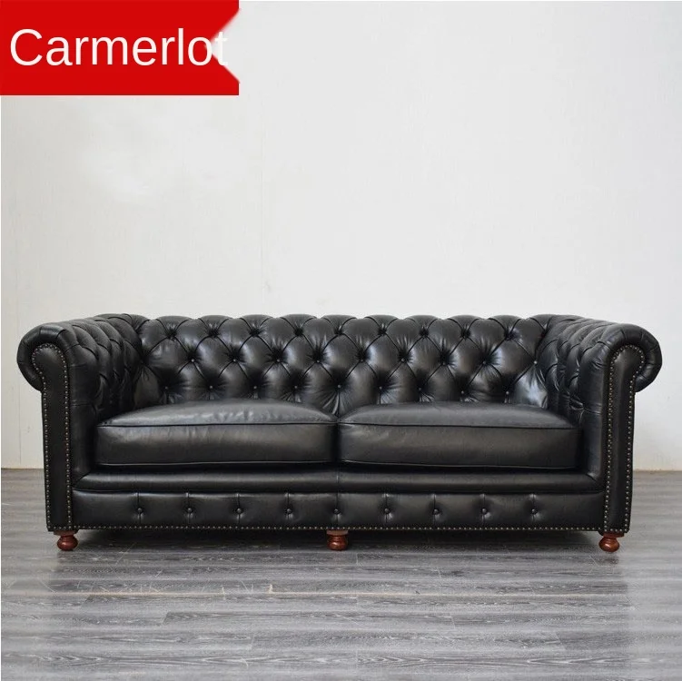 American-Style Vintage Leather Sofa European-Style Buckle Leather Single and Double Three-Seat Sofa Living Room Wax Leather Sofa