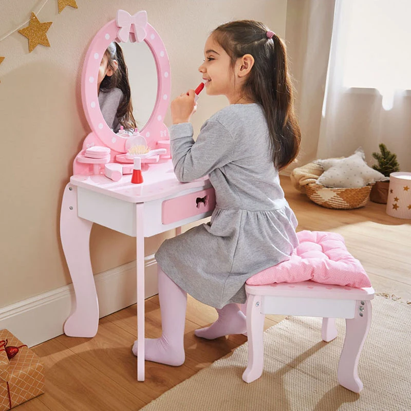 TS  Kids  Princess Make Up Dressing Table with Stool for Girls Makeup Vanity Desk