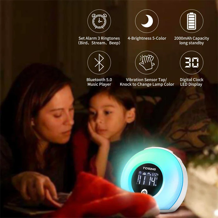 Wireless BT 5.0 Speakers Kids Night Light 4 Level Brightness & Colorful Light Wake Up Light Desktop Alarm Clock