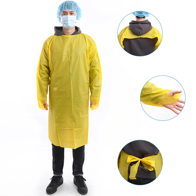 Isolation Gowns Disposable with Thumb Loops Waterproof CPE Blue Odorless PPE Gowns Unisex Adult Labs