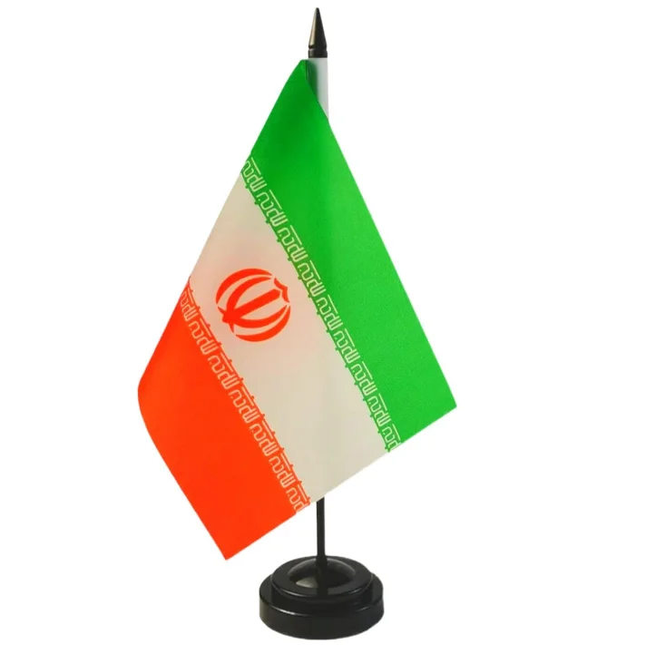 Cheap Polyester Iranian Iran Desk Flag Set with Black Plastic Stick and Base