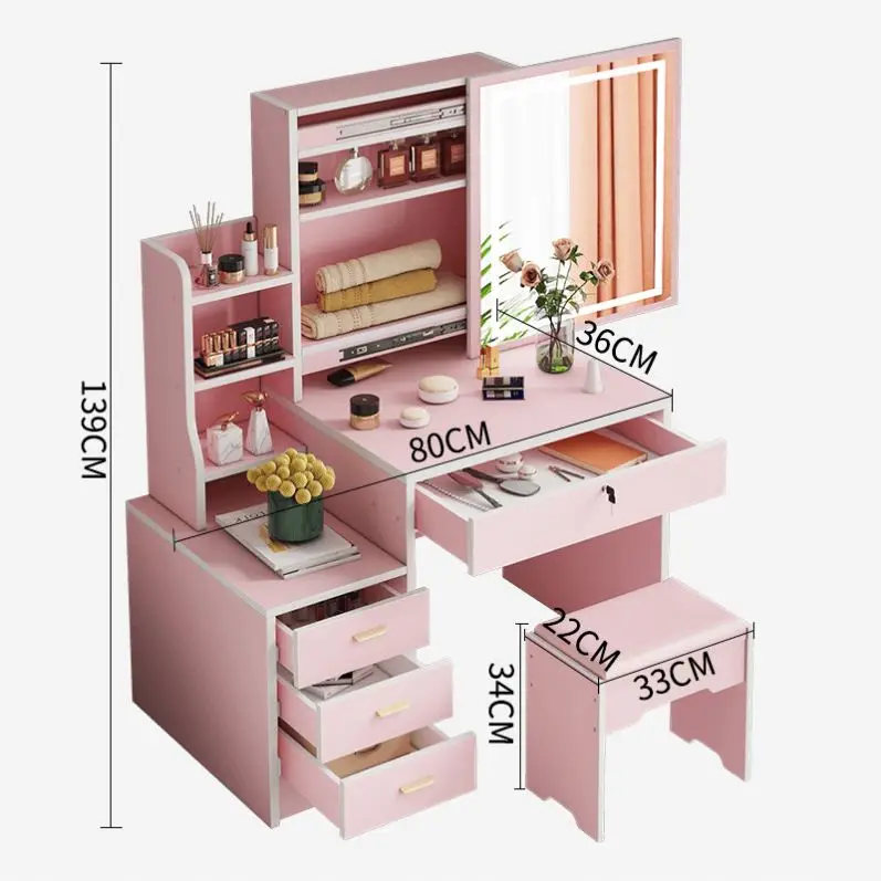 large bedroom furniture set with dresser pink dressing table LED light mirrors