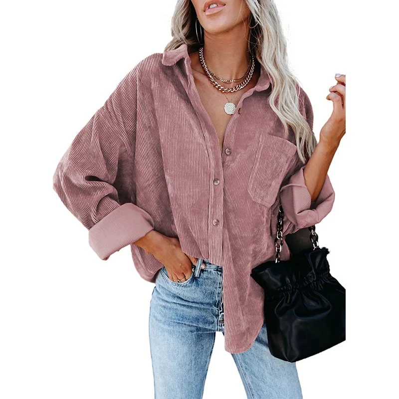 New Arrival Autumn Winter Long Sleeve Turn Down Collar Solid Color Women Blouse Jacket Corduroy Vintage Oversize Ladies Shirts