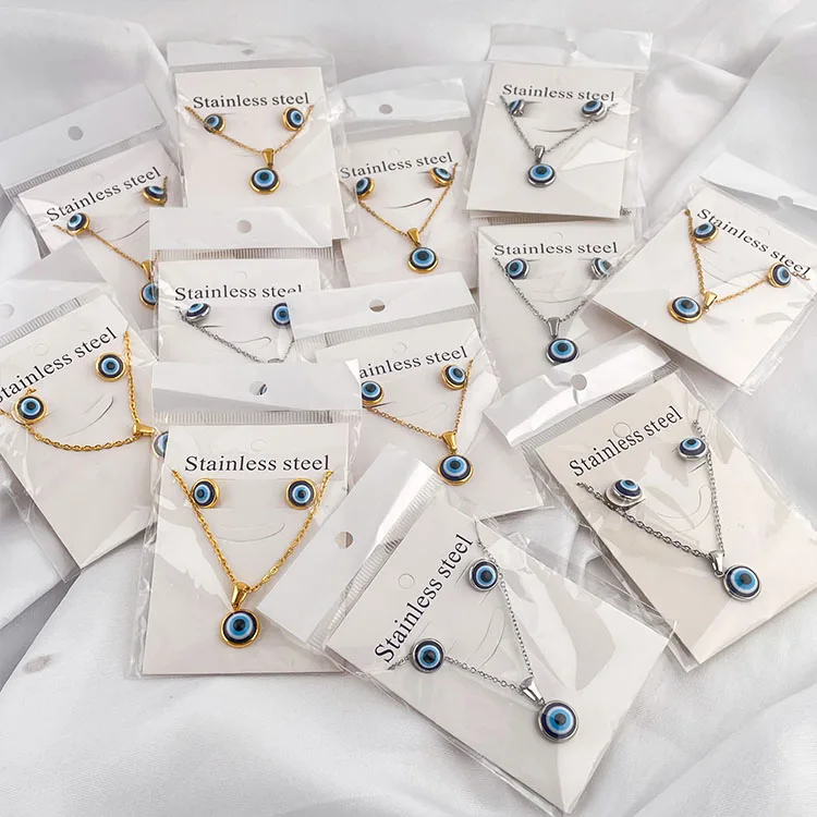 18k gold plated stainless steel tarnish free waterproof evil eye necklace earrings set jewelry for women