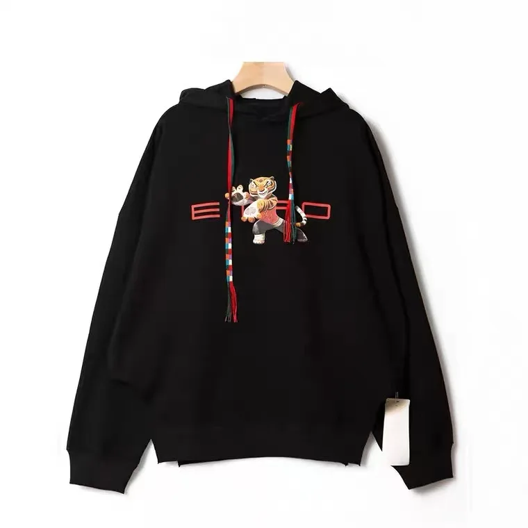 Chinese style pullover black hoodies Kung Fu tiger print colorful lace-up anime hoodie ethnic style vintage hoodie