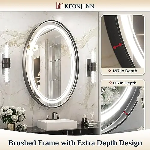 LED Oval Mirror  Bathroom Mirror with 3 Color Lights lit Vanity Mirror for Wall Dimmable  Lighted Illuminated Lighted