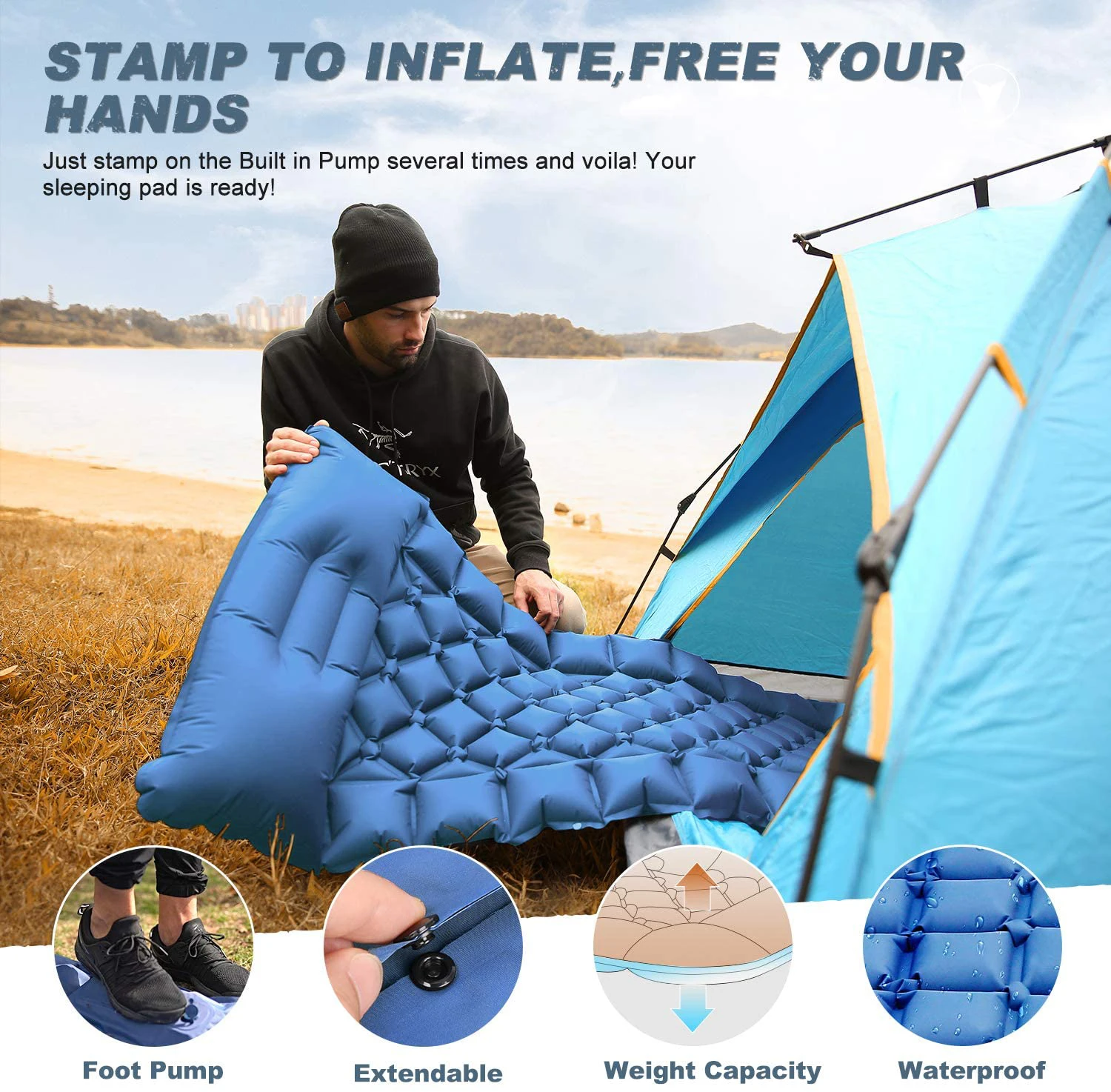 Camping Air Sleeping Pad Mat - Foot Press Inflatable Lightweight Backpacking Pad for Hiking Traveling