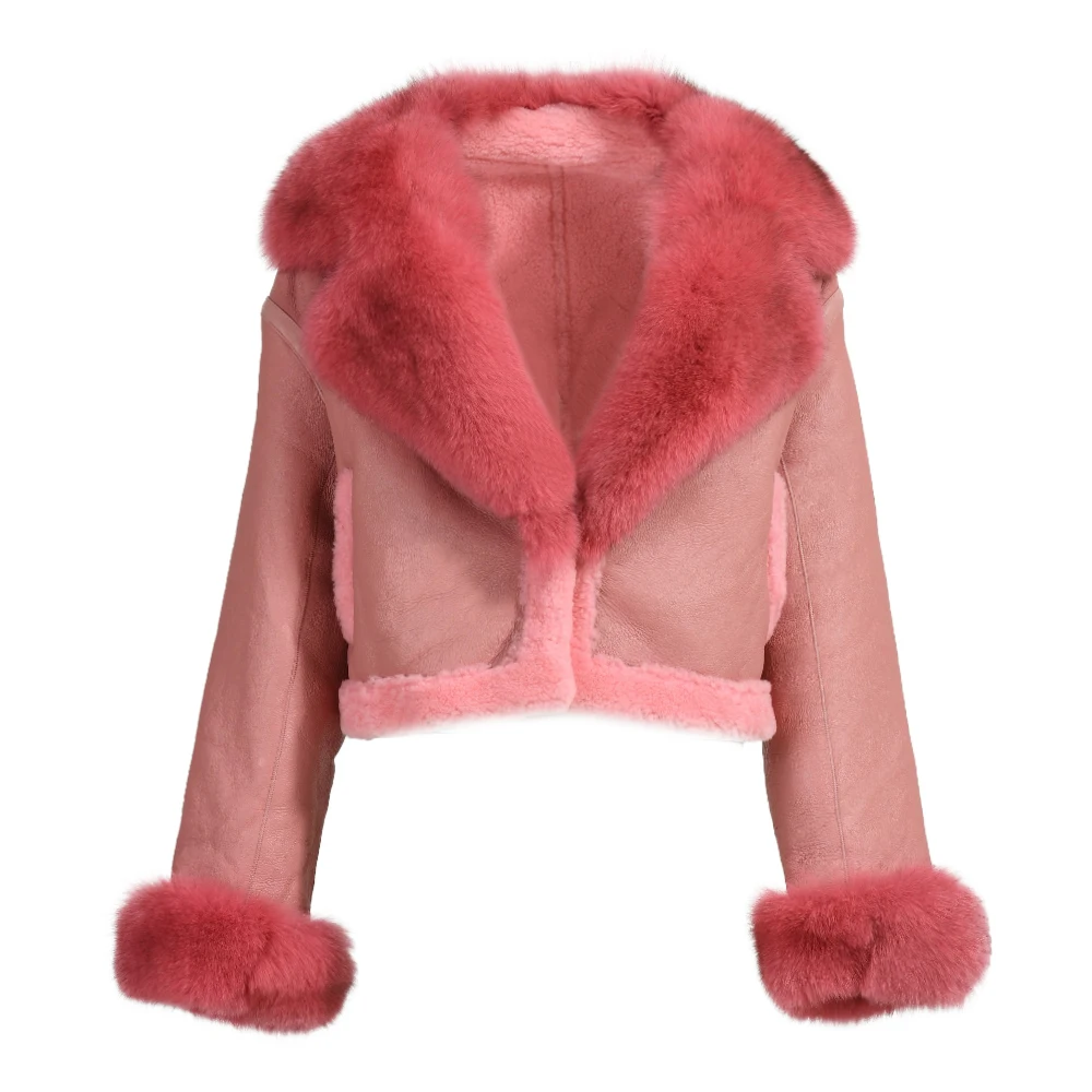 New Style Short Style Genuine Sheepskin Leather Jacket With Real Fox Fur Collar And Cuffs Winter Women Cropped Shearling Coat