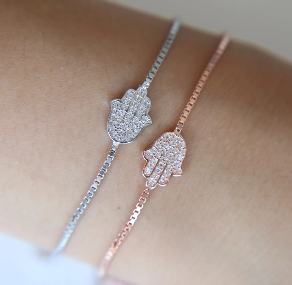 2023 high quality drop shipping tiny cute fatimas hamsa hand slider silver box chain silver bracelet