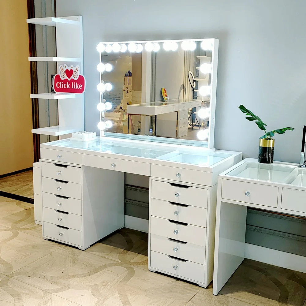 Stock in USA Docarelife Modern Luxury Bedroom Dressing Table MDF with High Glossy White Paint and Hollywood Lighted Mirror Table