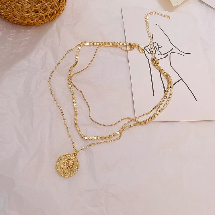2020 fashion three layer coin gold pendant necklace