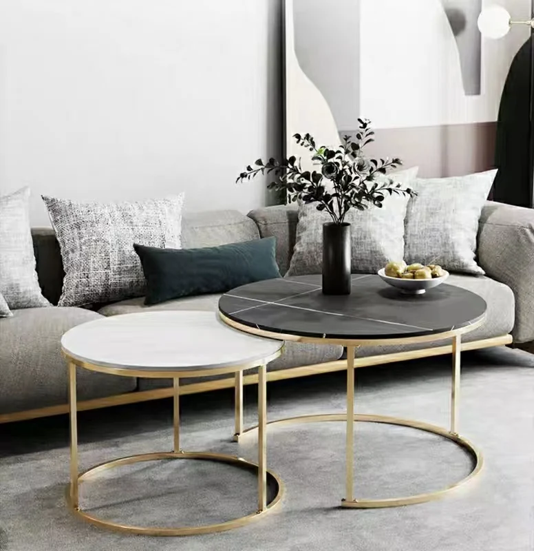 Home furniture living room modern gold small round cheap coffee table set with sintered stone top
