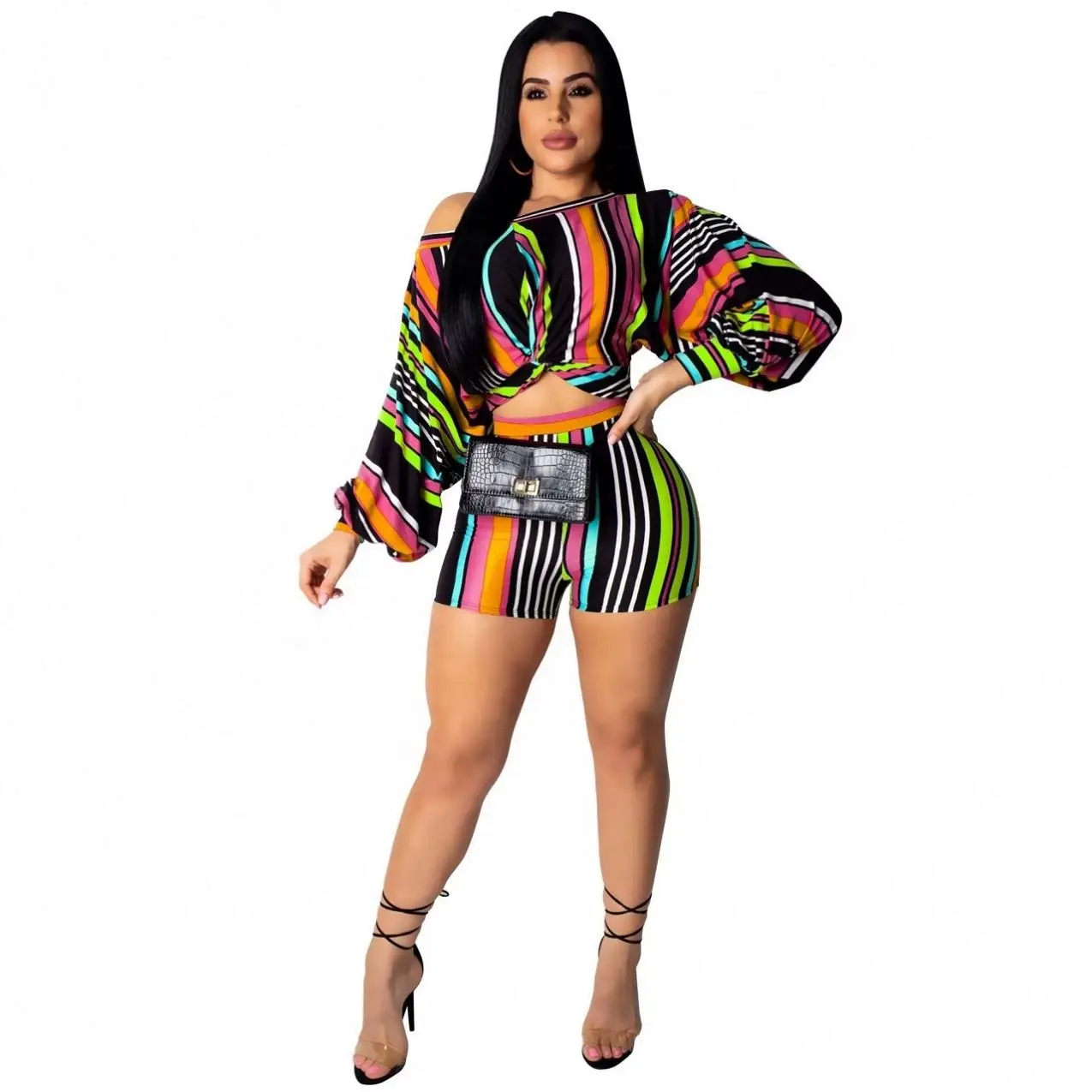 Wholesale Bohemian Puff Sleeve Casual Fashion Stripe Long Sleeve Multicolor Straight Nightclub Party Two Piece Short Set