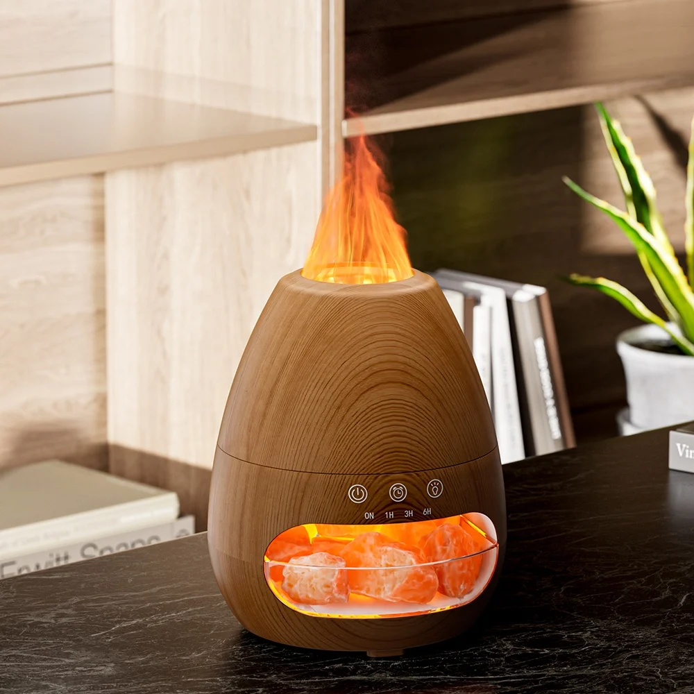 200ML Shallow wooden-grain 3D Flame Aroma Diffuser Salt Stone Seven-Color Quiet Luxury Design Negative Ion Release Household Use