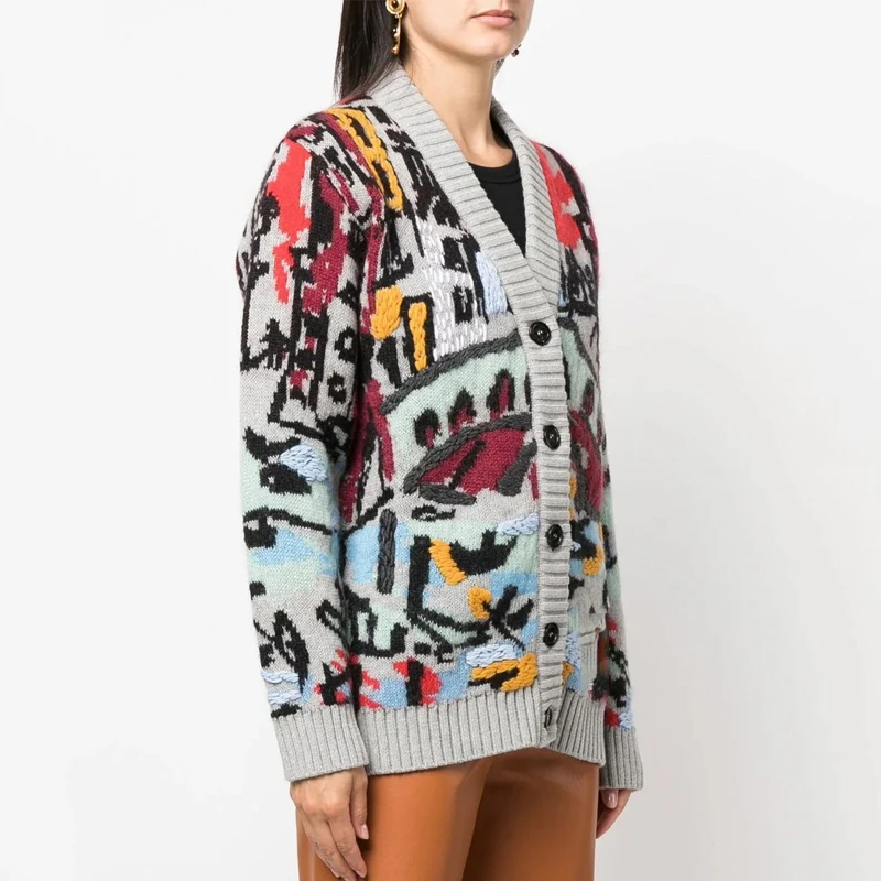 Custom Logo Women Embroidered Pattern Cardigan Mohair Wool Designer Knitted Jacquard Oversized Cardigan Sweater Coat