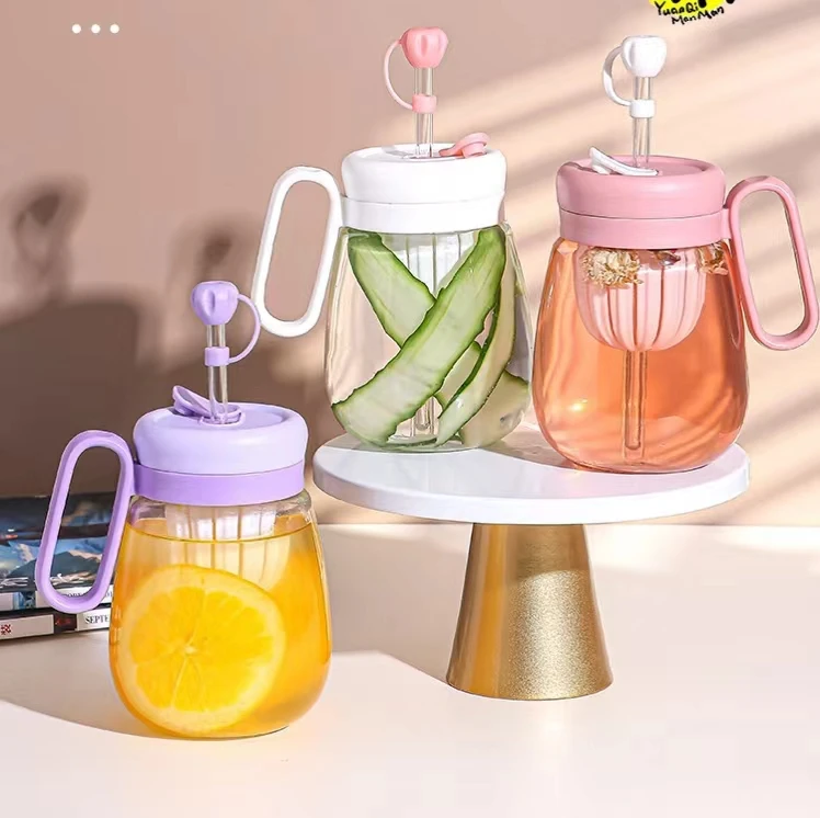 Stripe Glass Cup Transparent Glasses With Lid and Straw Ice Coffee Mug Tea Cup Juice Glass Milk Water Flower Cups Drinkware