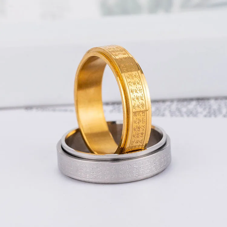High Quality Wholesale New Design Rotatable Hip-hop Stainless steel Sutra couple rotating ring jewelry for women men