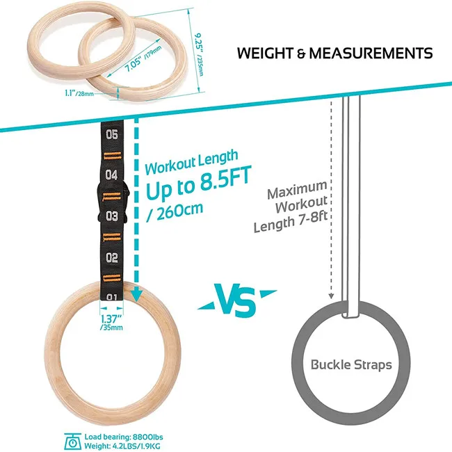 Wooden Gymnastic Rings with Adjustable Numbered Straps and 1.1'  Rings for Core Workout and Bodyweight Training