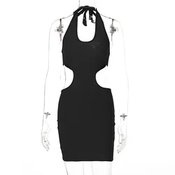 2022 Summer New Fashion Sexy Club Backless Lace-Up Deep v Hollow Out Bodycon Hip Dress