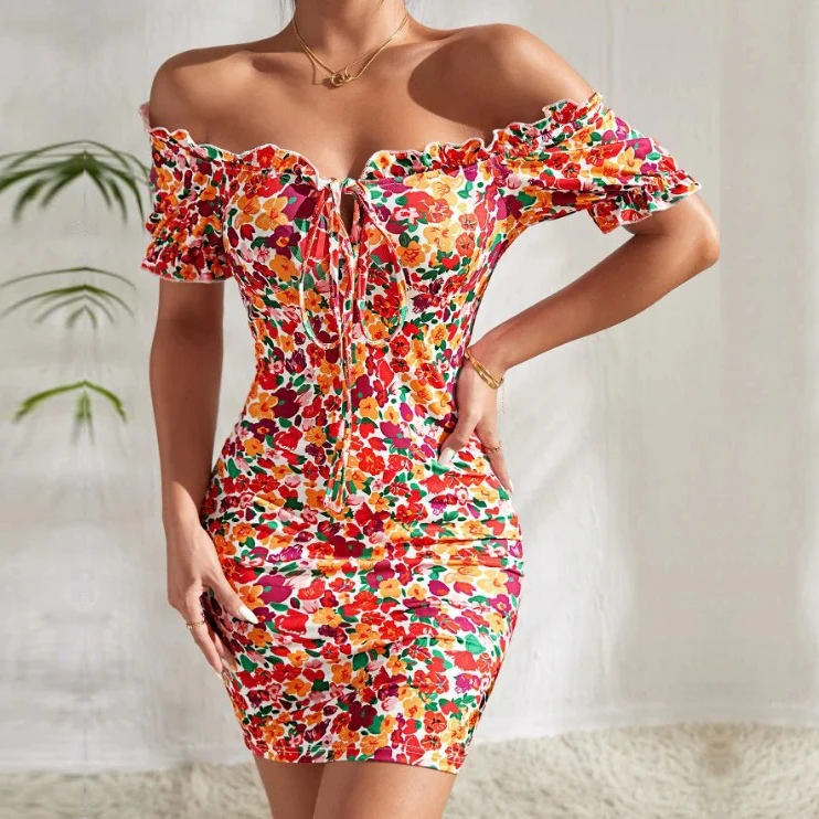 YUNNES 2023 летний корсет с открытыми плечами женское облегающее платье мини-платья цветочным принтом женские бандажные платья