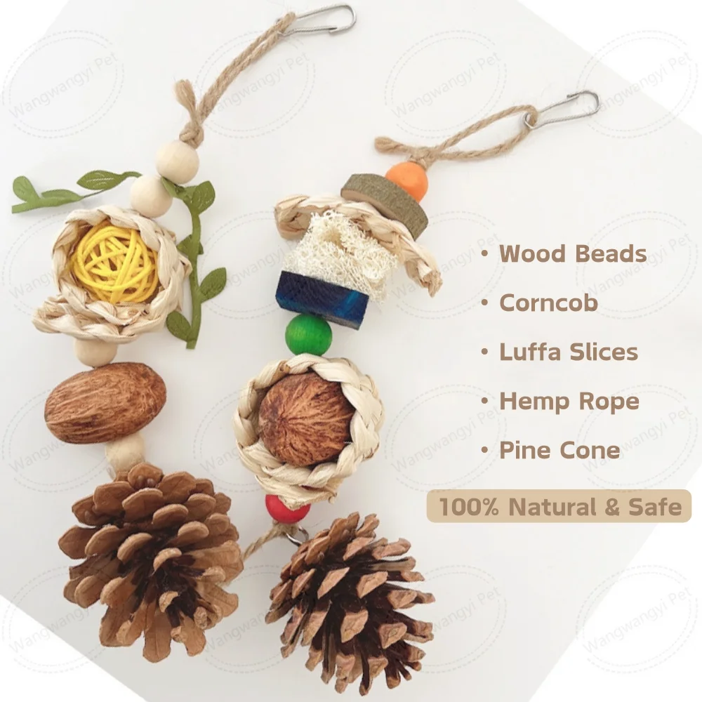 Hanging Bird Chew Toys Natural Corn Cob  Loofah Slices Pine Cone for Parrot Chewing