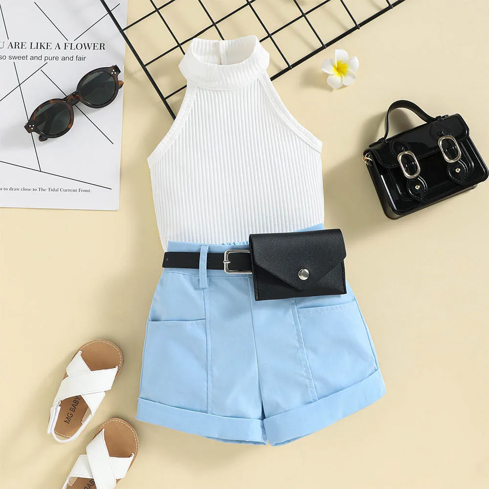 Summer New Design Children Strip Sleeveless Solid Color Clothes and Shorts Suit