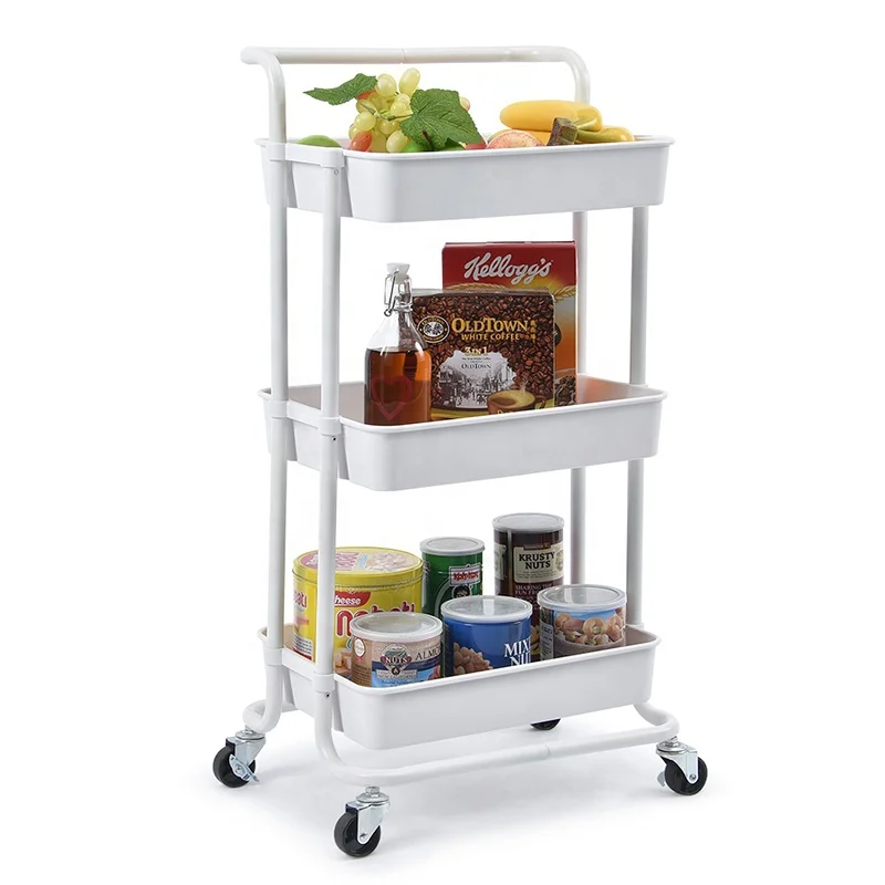 3 Tier Storage Rack Rolling Cart Utility Trolley With ABS Plastic Basket