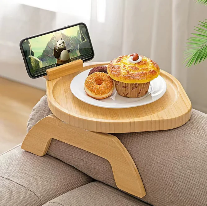 Bamboo Sofa Tray Clip on Side Table Couch Arm with 360 Rotating Phone Holder Couch Tray for Arm Sofa Table for Eating