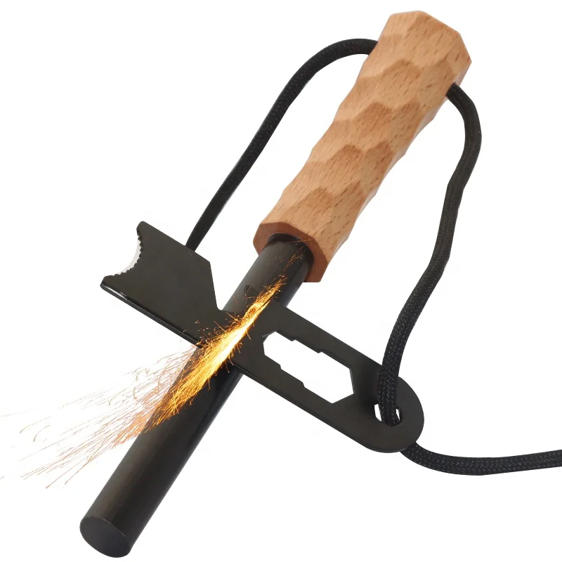 Glamping Product Waterproof Magnesium Mischmetal Flint Starter Wood Handle Firesteel